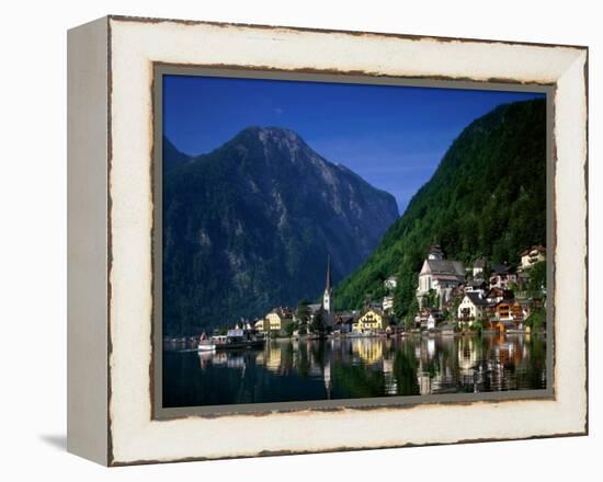 Village with Mountains and Lake, Hallstatt, Salzkammergut, Austria-Steve Vidler-Framed Premier Image Canvas