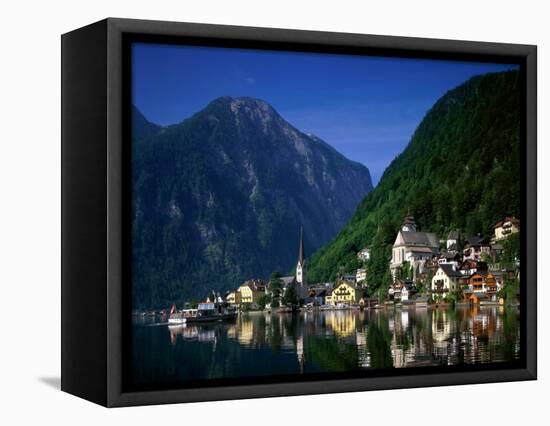 Village with Mountains and Lake, Hallstatt, Salzkammergut, Austria-Steve Vidler-Framed Premier Image Canvas