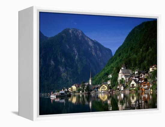 Village with Mountains and Lake, Hallstatt, Salzkammergut, Austria-Steve Vidler-Framed Premier Image Canvas