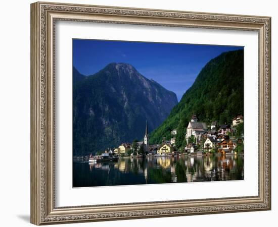 Village with Mountains and Lake, Hallstatt, Salzkammergut, Austria-Steve Vidler-Framed Photographic Print