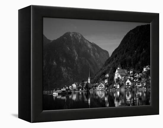 Village with Mountains and Lake, Hallstatt, Salzkammergut, Austria-Steve Vidler-Framed Premier Image Canvas