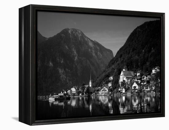 Village with Mountains and Lake, Hallstatt, Salzkammergut, Austria-Steve Vidler-Framed Premier Image Canvas