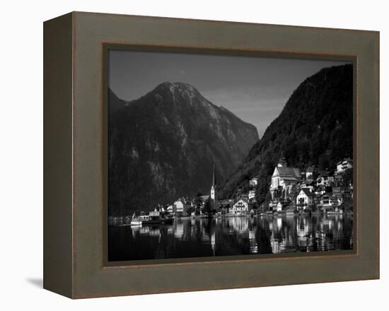 Village with Mountains and Lake, Hallstatt, Salzkammergut, Austria-Steve Vidler-Framed Premier Image Canvas