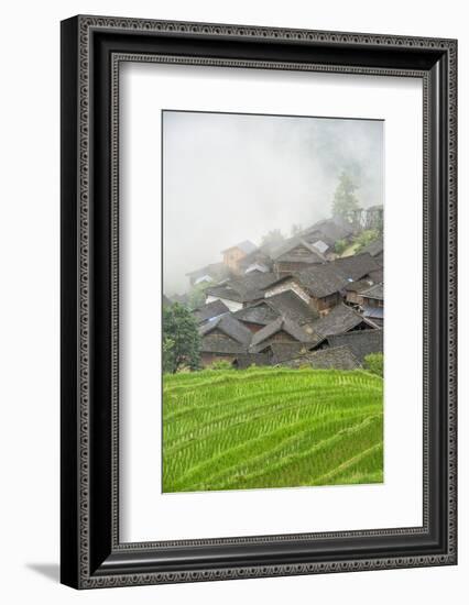 Village with rice terrace in the mountain in morning mist, Jiabang, Guizhou Province, China-Keren Su-Framed Photographic Print