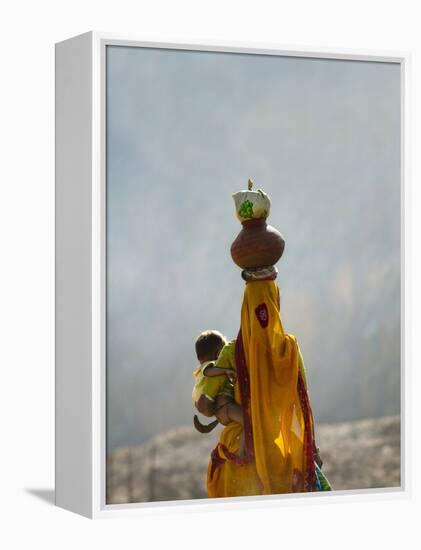 Village Woman Carrying Baby and Load on the Head, Udaipur, Rajasthan, India-Keren Su-Framed Premier Image Canvas