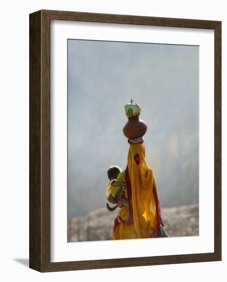 Village Woman Carrying Baby and Load on the Head, Udaipur, Rajasthan, India-Keren Su-Framed Photographic Print