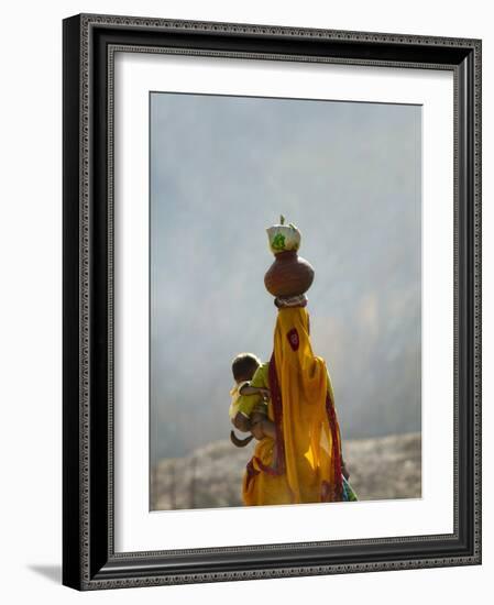 Village Woman Carrying Baby and Load on the Head, Udaipur, Rajasthan, India-Keren Su-Framed Photographic Print