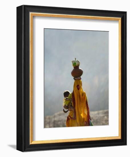 Village Woman Carrying Baby and Load on the Head, Udaipur, Rajasthan, India-Keren Su-Framed Photographic Print