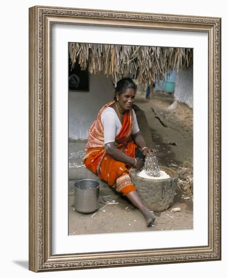 Village Woman Pounding Rice, Tamil Nadu, India-Occidor Ltd-Framed Photographic Print