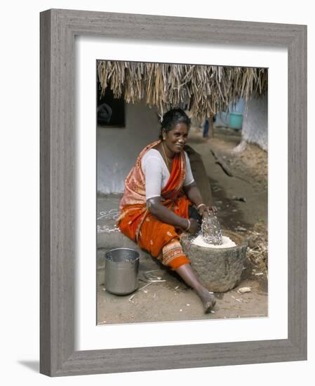 Village Woman Pounding Rice, Tamil Nadu, India-Occidor Ltd-Framed Photographic Print