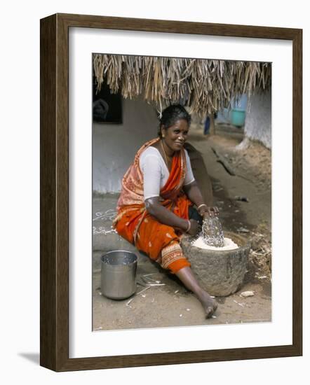 Village Woman Pounding Rice, Tamil Nadu, India-Occidor Ltd-Framed Photographic Print