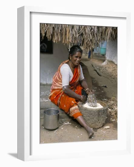 Village Woman Pounding Rice, Tamil Nadu, India-Occidor Ltd-Framed Photographic Print