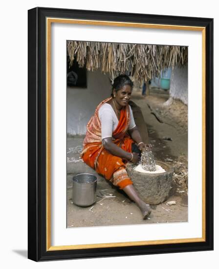 Village Woman Pounding Rice, Tamil Nadu, India-Occidor Ltd-Framed Photographic Print