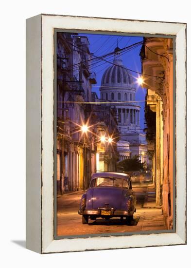 Vintage American Car Parked on Floodlit Street with the Capitolio in the Background-Lee Frost-Framed Premier Image Canvas