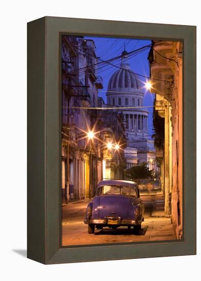 Vintage American Car Parked on Floodlit Street with the Capitolio in the Background-Lee Frost-Framed Premier Image Canvas