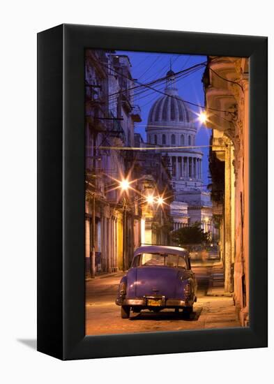 Vintage American Car Parked on Floodlit Street with the Capitolio in the Background-Lee Frost-Framed Premier Image Canvas