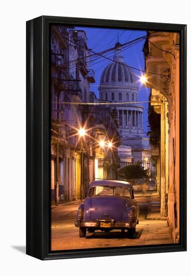 Vintage American Car Parked on Floodlit Street with the Capitolio in the Background-Lee Frost-Framed Premier Image Canvas