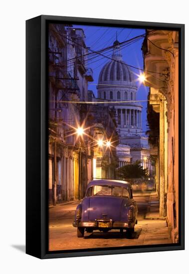 Vintage American Car Parked on Floodlit Street with the Capitolio in the Background-Lee Frost-Framed Premier Image Canvas