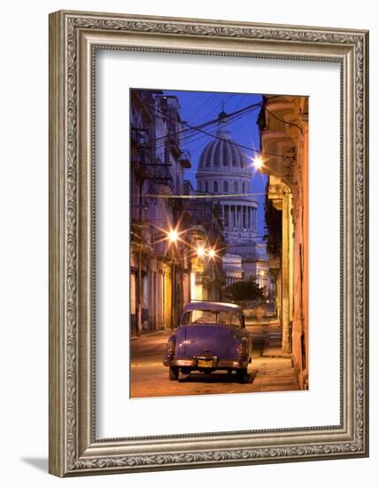Vintage American Car Parked on Floodlit Street with the Capitolio in the Background-Lee Frost-Framed Photographic Print