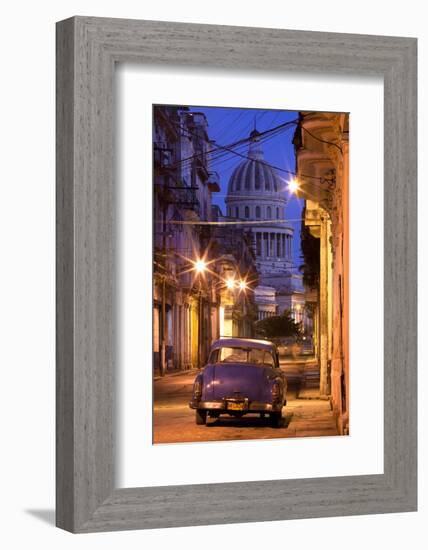 Vintage American Car Parked on Floodlit Street with the Capitolio in the Background-Lee Frost-Framed Photographic Print