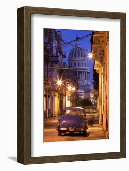 Vintage American Car Parked on Floodlit Street with the Capitolio in the Background-Lee Frost-Framed Photographic Print