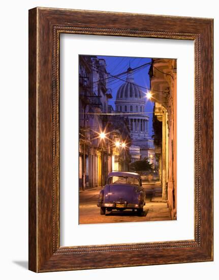 Vintage American Car Parked on Floodlit Street with the Capitolio in the Background-Lee Frost-Framed Photographic Print