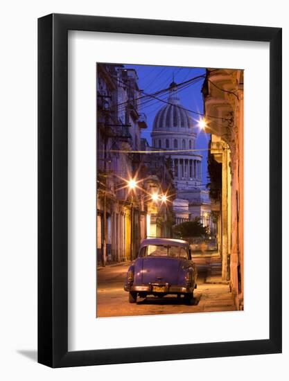 Vintage American Car Parked on Floodlit Street with the Capitolio in the Background-Lee Frost-Framed Photographic Print