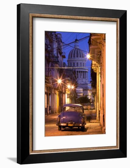 Vintage American Car Parked on Floodlit Street with the Capitolio in the Background-Lee Frost-Framed Photographic Print