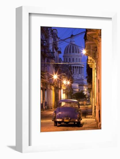 Vintage American Car Parked on Floodlit Street with the Capitolio in the Background-Lee Frost-Framed Photographic Print