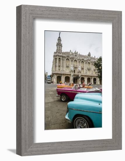 Vintage American Cars Parked Outside the Gran Teatro (Grand Theater), Havana, Cuba-Yadid Levy-Framed Photographic Print