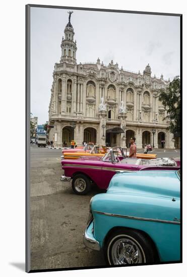 Vintage American Cars Parked Outside the Gran Teatro (Grand Theater), Havana, Cuba-Yadid Levy-Mounted Photographic Print