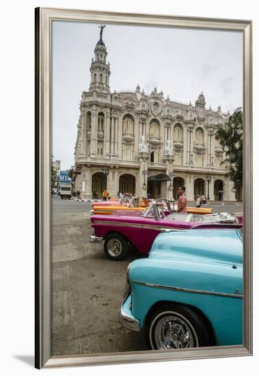 Vintage American Cars Parked Outside the Gran Teatro (Grand Theater), Havana, Cuba-Yadid Levy-Framed Photographic Print