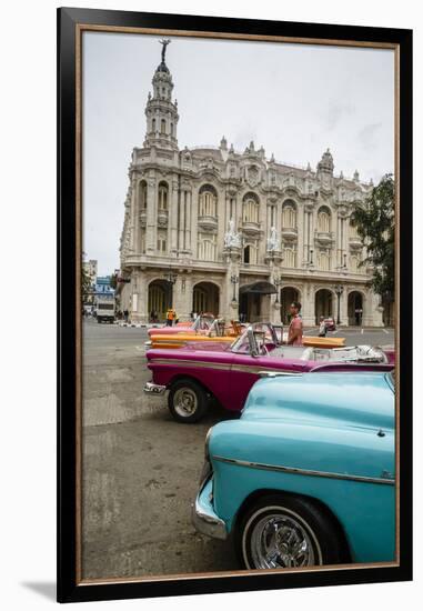 Vintage American Cars Parked Outside the Gran Teatro (Grand Theater), Havana, Cuba-Yadid Levy-Framed Photographic Print