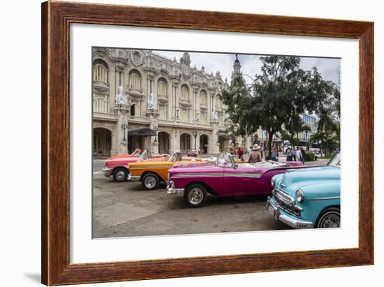 Vintage American Cars Parking Outside the Gran Teatro (Grand Theater), Havana, Cuba-Yadid Levy-Framed Photographic Print