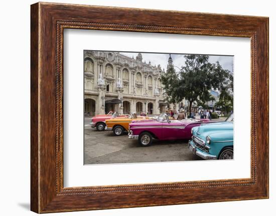 Vintage American Cars Parking Outside the Gran Teatro (Grand Theater), Havana, Cuba-Yadid Levy-Framed Photographic Print