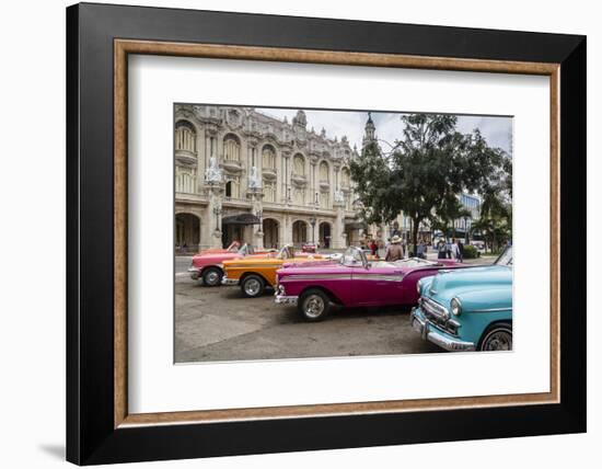 Vintage American Cars Parking Outside the Gran Teatro (Grand Theater), Havana, Cuba-Yadid Levy-Framed Photographic Print