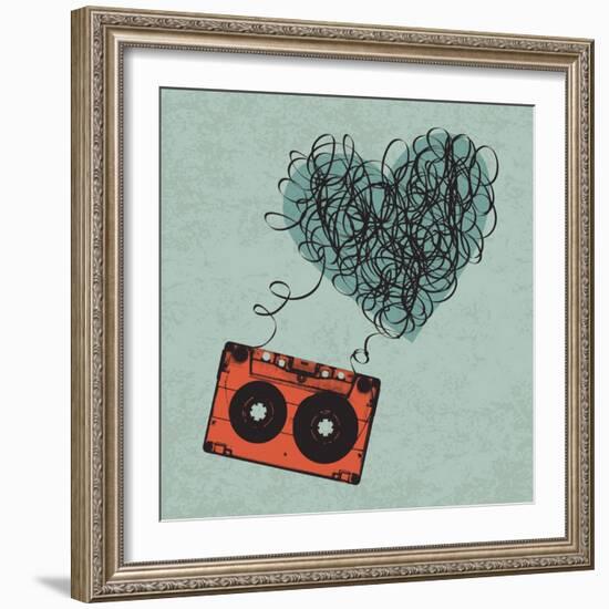 Vintage Audio Cassette Illustration with Heart Shaped Messy Tape. Vector, Eps10-pashabo-Framed Art Print