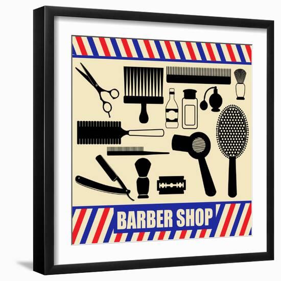 Vintage Barber And Hairdresser Silhouette Set-radubalint-Framed Premium Giclee Print