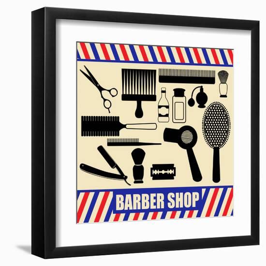 Vintage Barber And Hairdresser Silhouette Set-radubalint-Framed Art Print