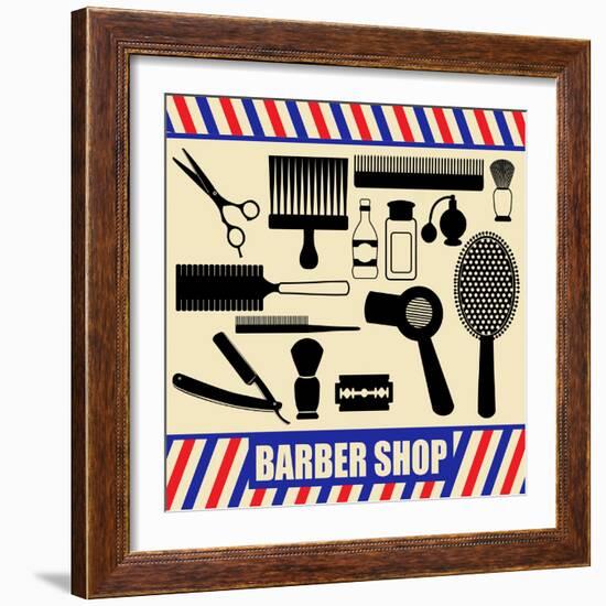 Vintage Barber And Hairdresser Silhouette Set-radubalint-Framed Art Print