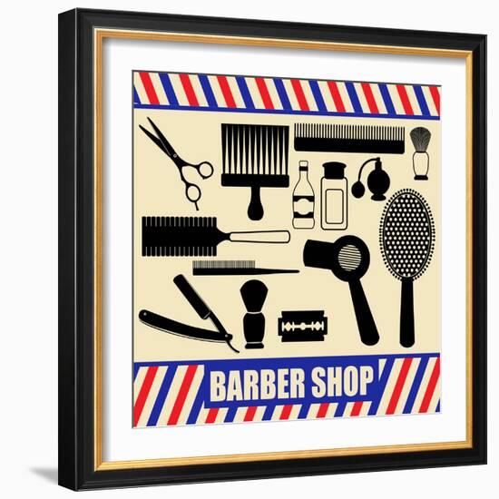 Vintage Barber And Hairdresser Silhouette Set-radubalint-Framed Art Print