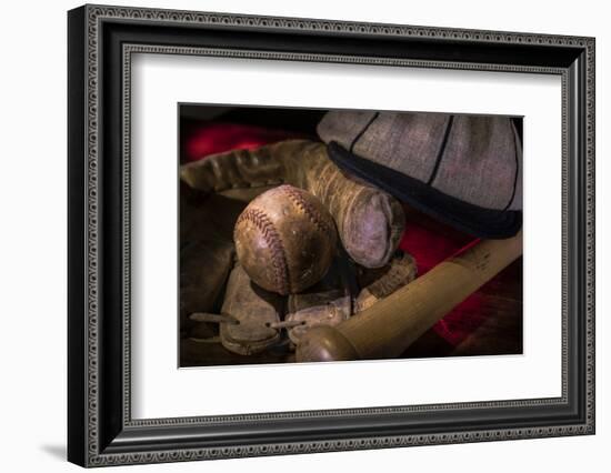 Vintage baseball paraphernalia laid out carefully painted with light-Sheila Haddad-Framed Photographic Print