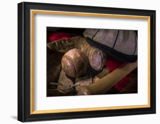 Vintage baseball paraphernalia laid out carefully painted with light-Sheila Haddad-Framed Photographic Print