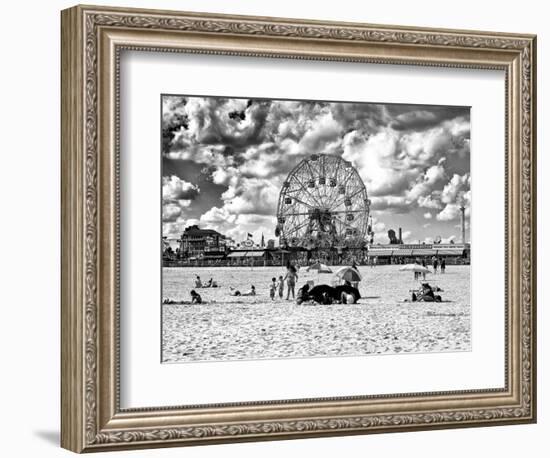 Vintage Beach, Black and White Photography, Wonder Wheel, Coney Island, Brooklyn, New York, US-Philippe Hugonnard-Framed Photographic Print