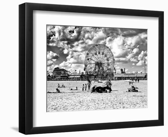 Vintage Beach, Black and White Photography, Wonder Wheel, Coney Island, Brooklyn, New York, US-Philippe Hugonnard-Framed Photographic Print