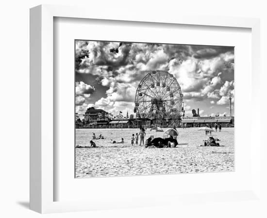 Vintage Beach, Black and White Photography, Wonder Wheel, Coney Island, Brooklyn, New York, US-Philippe Hugonnard-Framed Photographic Print