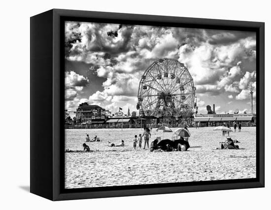 Vintage Beach, Black and White Photography, Wonder Wheel, Coney Island, Brooklyn, New York, US-Philippe Hugonnard-Framed Premier Image Canvas
