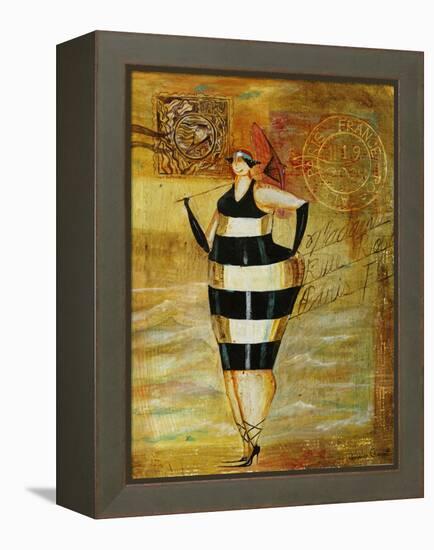 Vintage Beach Girl Black Stripes-Jennifer Garant-Framed Premier Image Canvas