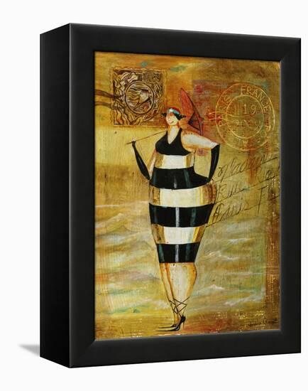 Vintage Beach Girl Black Stripes-Jennifer Garant-Framed Premier Image Canvas