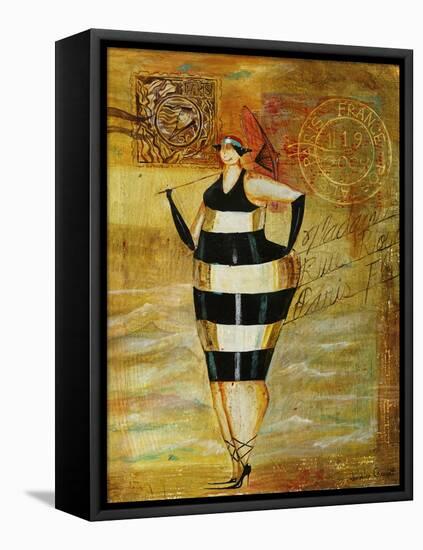 Vintage Beach Girl Black Stripes-Jennifer Garant-Framed Premier Image Canvas